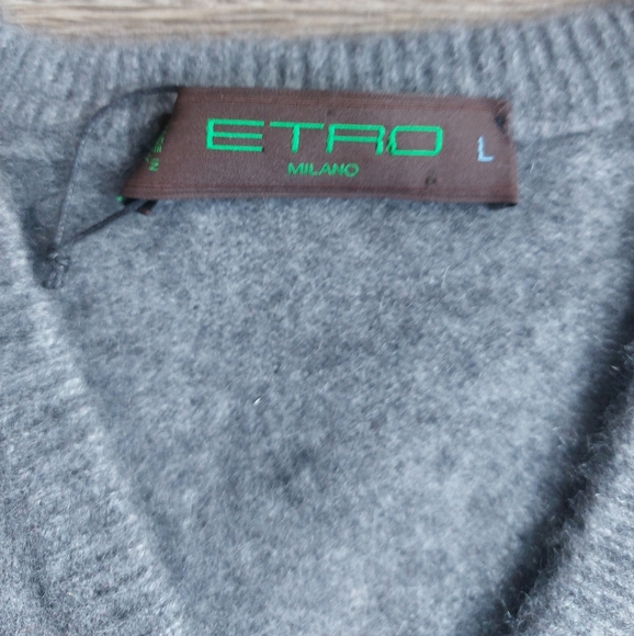 ETRO gray knit brown suede cashmere sweater v-neck vest. Large L - Picture 3 of 6